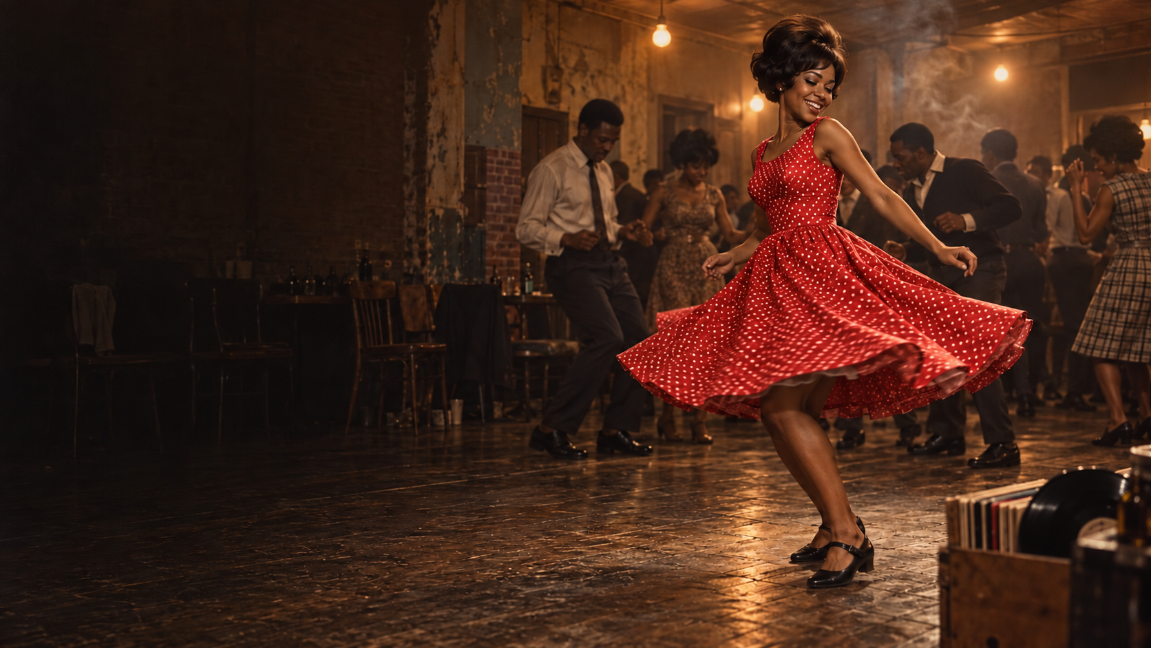A Black dancer twirling in a red dress with white spots in a gritty 1960s-inspired soul club